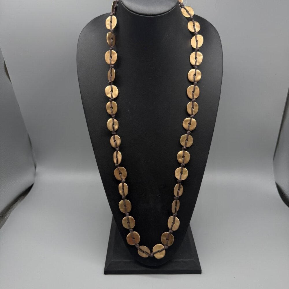 Premier Designs Long Gold Disc Necklace With Brown Cord & Clasp 38-41 Inches